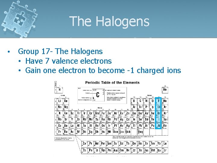 The Halogens • Group 17 - The Halogens • Have 7 valence electrons •