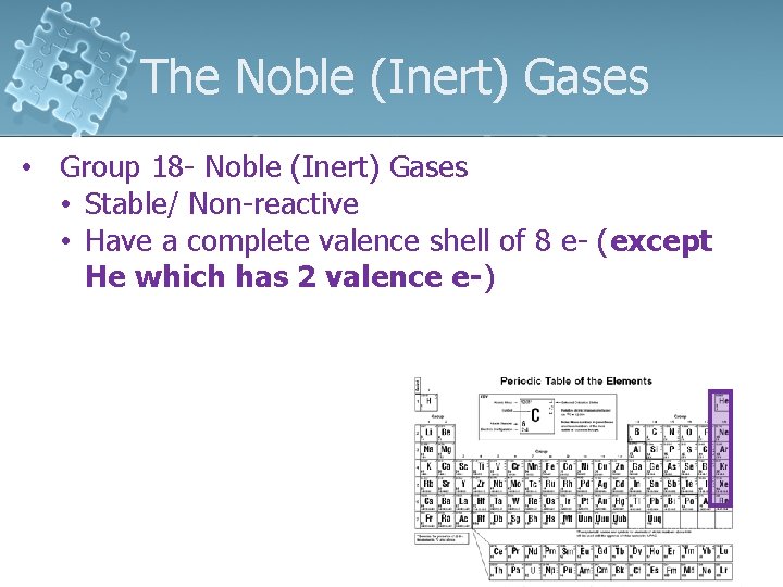 The Noble (Inert) Gases • Group 18 - Noble (Inert) Gases • Stable/ Non-reactive