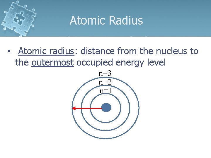 Atomic Radius • Atomic radius: distance from the nucleus to the outermost occupied energy