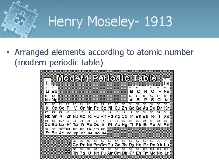 Henry Moseley- 1913 • Arranged elements according to atomic number (modern periodic table) 1