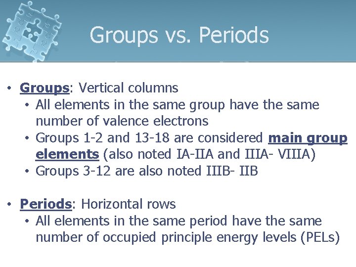 Groups vs. Periods 1 • Groups: Vertical columns • All elements in the same