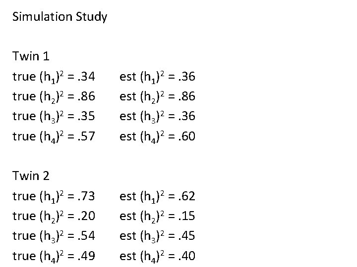 Simulation Study Twin 1 true (h 1)2 =. 34 true (h 2)2 =. 86