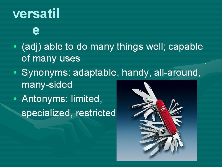 versatil e • (adj) able to do many things well; capable of many uses