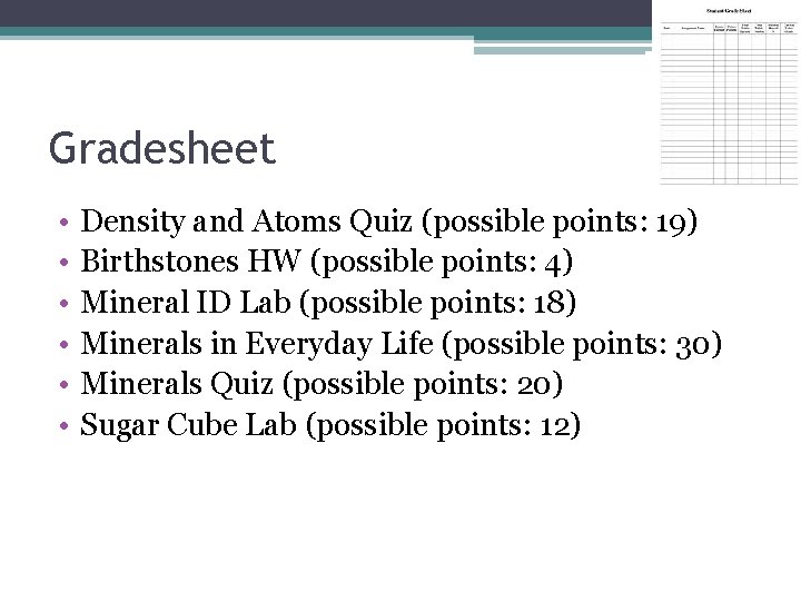 Gradesheet • • • Density and Atoms Quiz (possible points: 19) Birthstones HW (possible