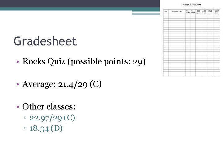 Gradesheet • Rocks Quiz (possible points: 29) • Average: 21. 4/29 (C) • Other