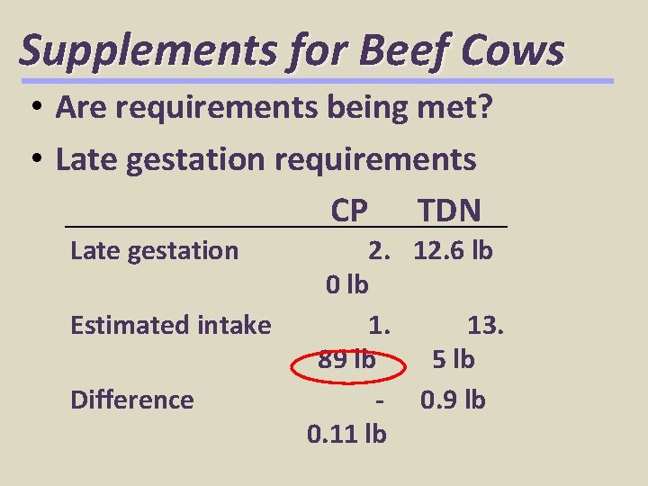Supplements for Beef Cows • Are requirements being met? • Late gestation requirements CP