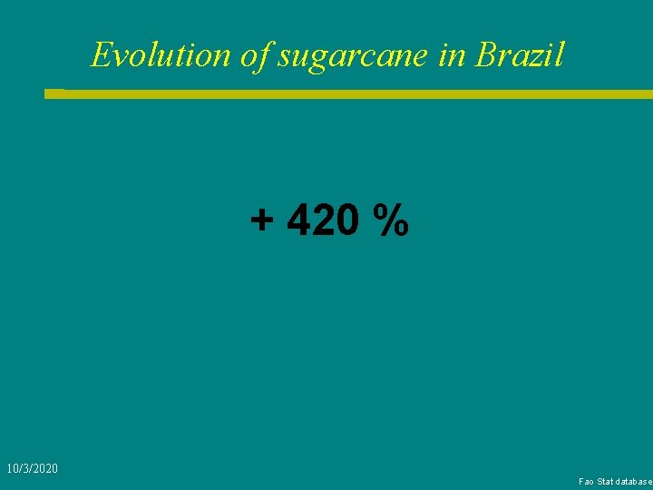 Evolution of sugarcane in Brazil + 420 % 10/3/2020 Fao Stat database 