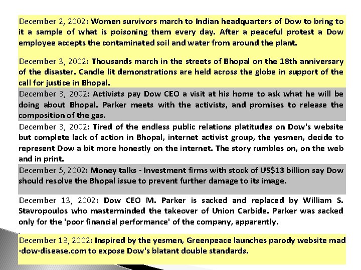 December 2, 2002: Women survivors march to Indian headquarters of Dow to bring to