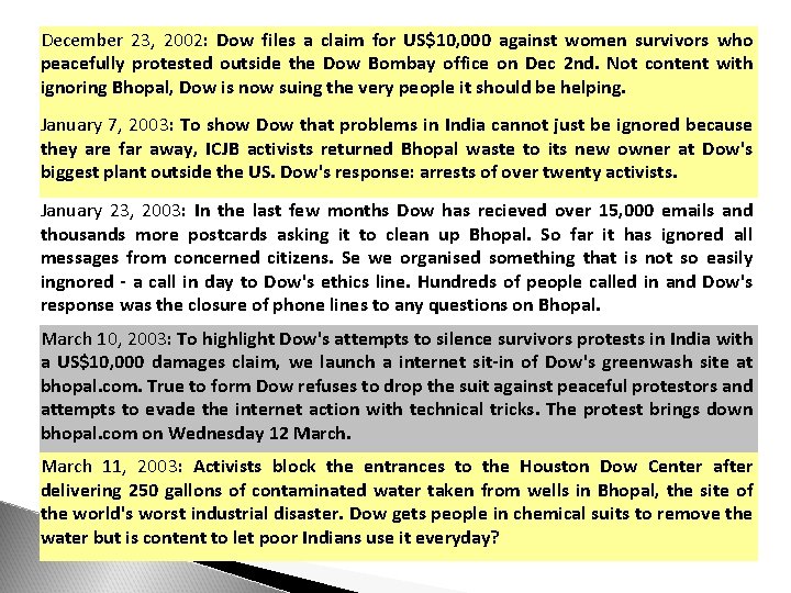 December 23, 2002: Dow files a claim for US$10, 000 against women survivors who