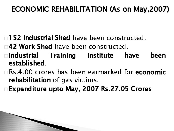 ECONOMIC REHABILITATION (As on May, 2007) � 152 Industrial Shed have been constructed. �