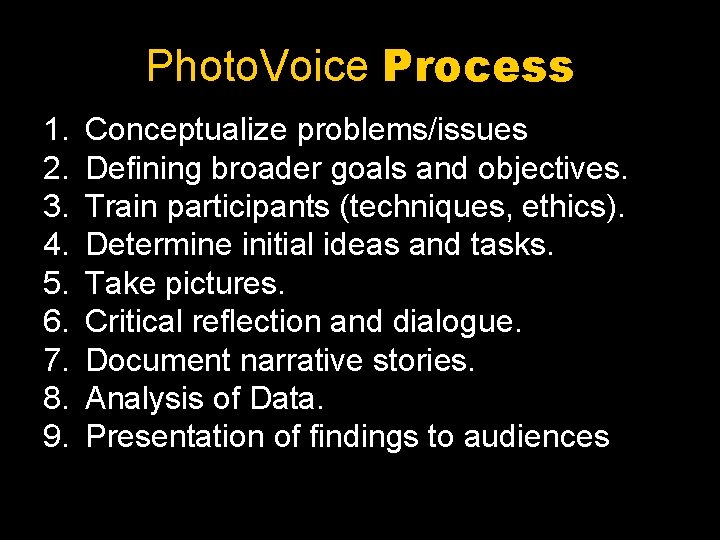 Photo. Voice Process 1. 2. 3. 4. 5. 6. 7. 8. 9. Conceptualize problems/issues