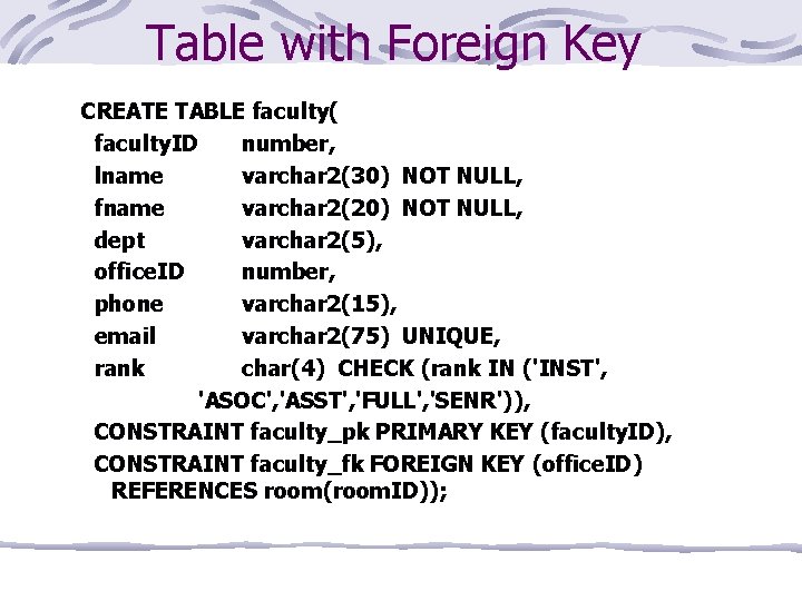Table with Foreign Key CREATE TABLE faculty( faculty. ID number, lname varchar 2(30) NOT