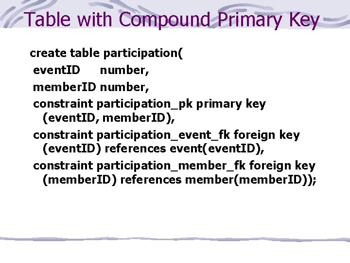 Table with Compound Primary Key create table participation( event. ID number, member. ID number,