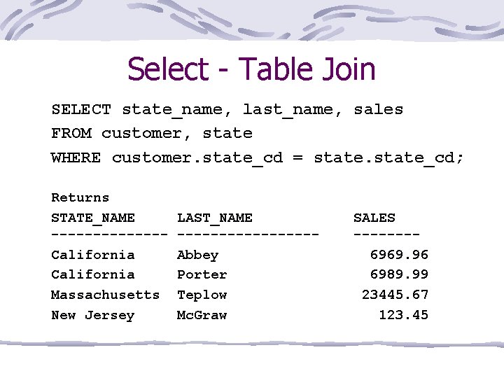 Select - Table Join SELECT state_name, last_name, sales FROM customer, state WHERE customer. state_cd