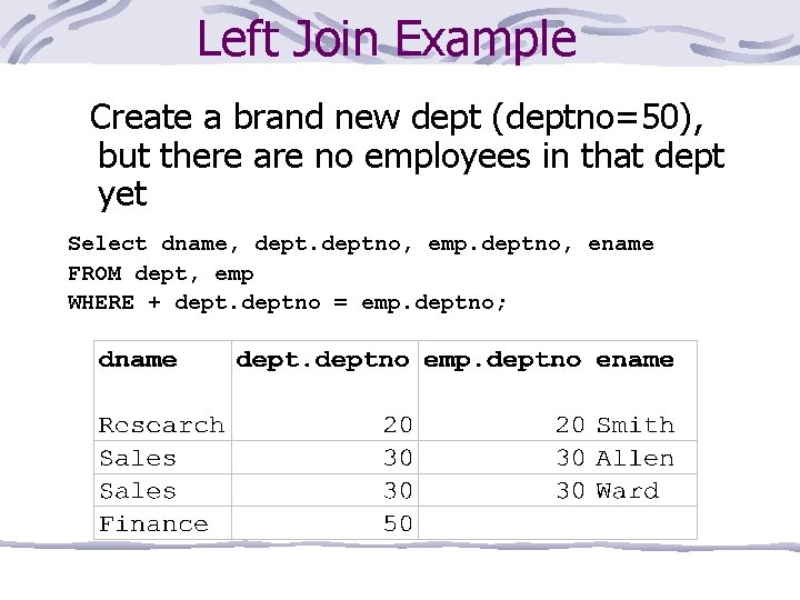 Left Join Example Create a brand new dept (deptno=50), but there are no employees