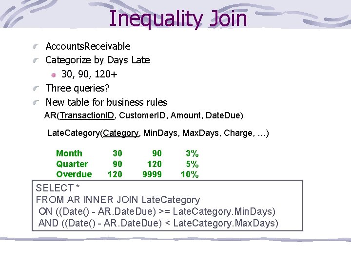 Inequality Join Accounts. Receivable Categorize by Days Late 30, 90, 120+ Three queries? New