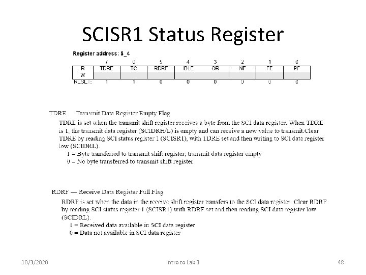 SCISR 1 Status Register 10/3/2020 Intro to Lab 3 48 SCISR 1 Status Register 10/3/2020 Intro to Lab 3 48