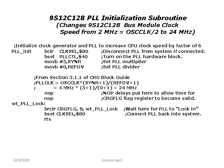 9 S 12 C 128 PLL Initialization Subroutine (Changes 9 S 12 C 128