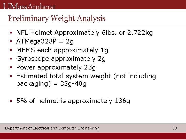 Preliminary Weight Analysis NFL Helmet Approximately 6 lbs. or 2. 722 kg ATMega 328