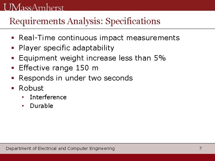 Requirements Analysis: Specifications Real-Time continuous impact measurements Player specific adaptability Equipment weight increase less