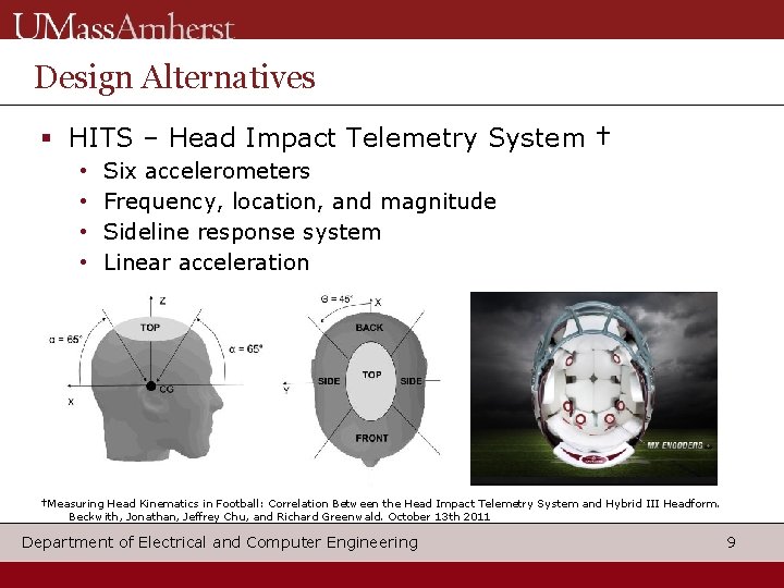 Design Alternatives HITS – Head Impact Telemetry System † • • Six accelerometers Frequency,