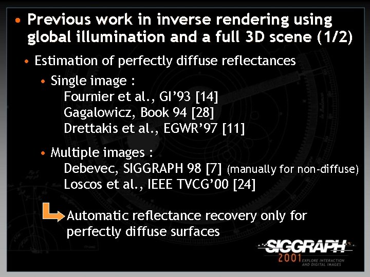  • Previous work in inverse rendering using global illumination and a full 3
