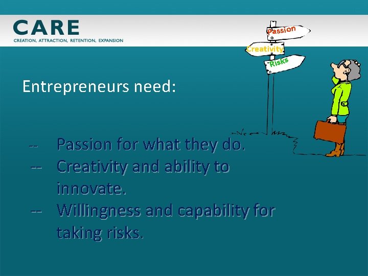 Passion Creativity Risks Entrepreneurs need: Passion for what they do. -- Creativity and ability