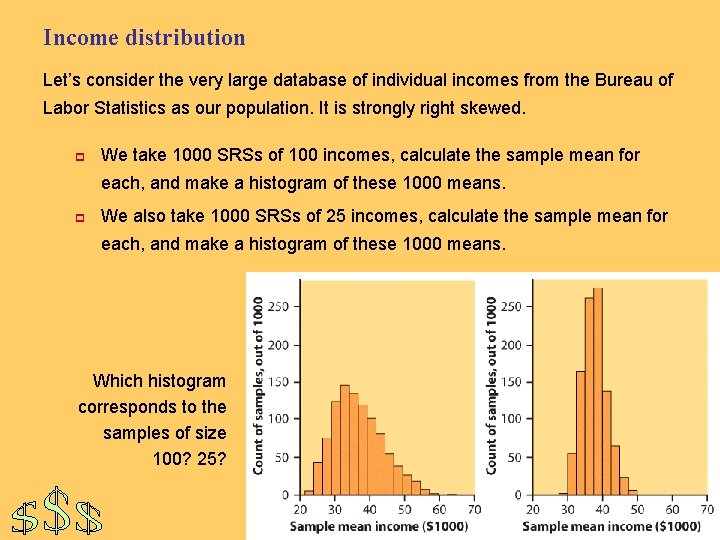 Income distribution Let’s consider the very large database of individual incomes from the Bureau