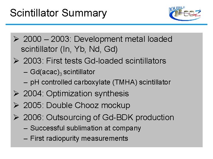 Scintillator Summary 2000 – 2003: Development metal loaded scintillator (In, Yb, Nd, Gd) 2003: