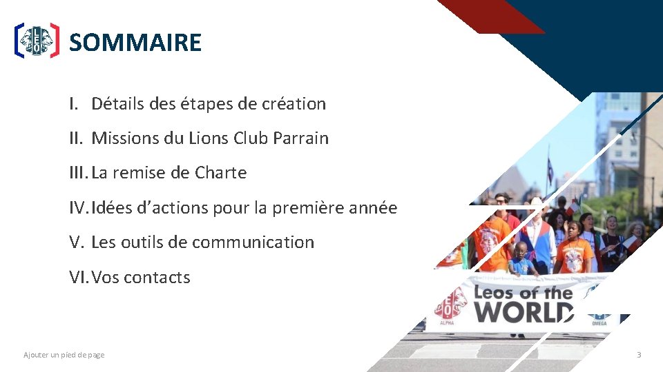 SOMMAIRE I. Détails des étapes de création II. Missions du Lions Club Parrain III.