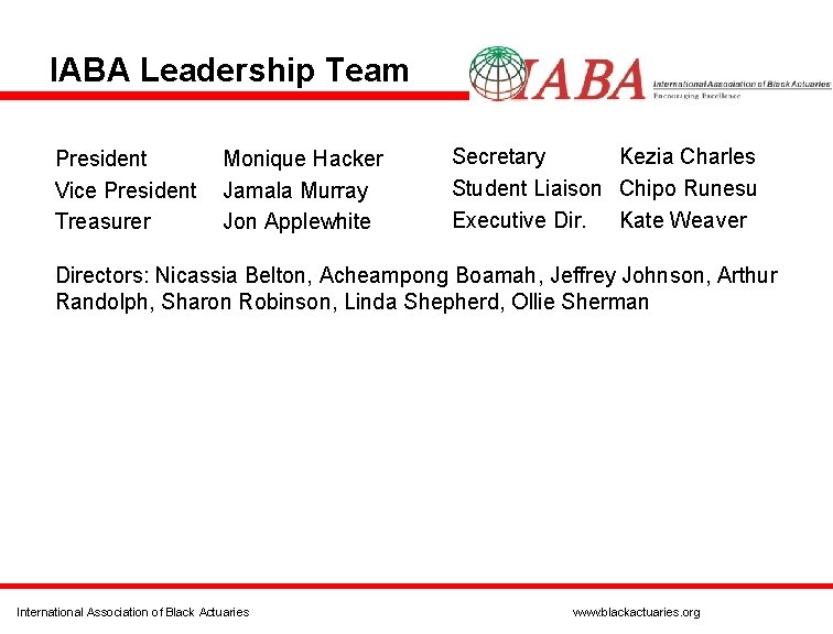 IABA Leadership Team President Monique Hacker Vice President Jamala Murray Treasurer Jon Applewhite Secretary