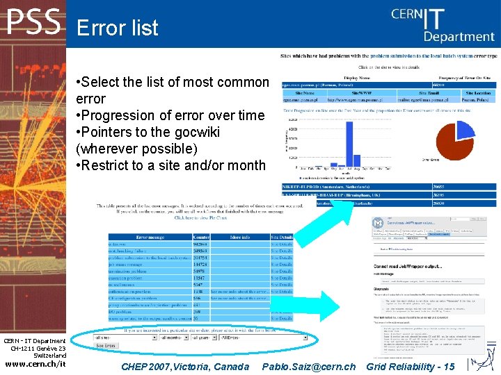 Error list • Select the list of most common error • Progression of error