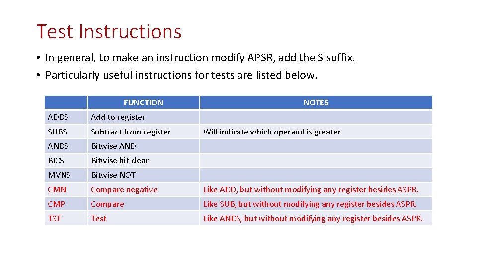 Test Instructions • In general, to make an instruction modify APSR, add the S Test Instructions • In general, to make an instruction modify APSR, add the S