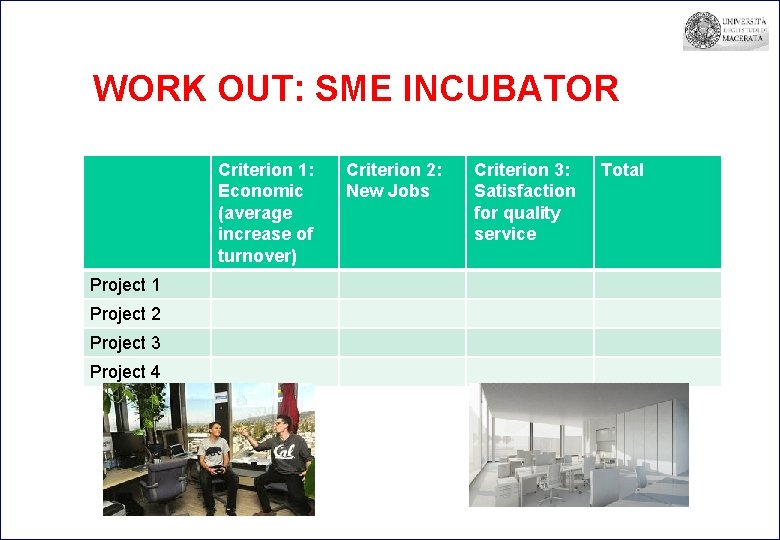 WORK OUT: SME INCUBATOR Criterion 1: Economic (average increase of turnover) Project 1 Project