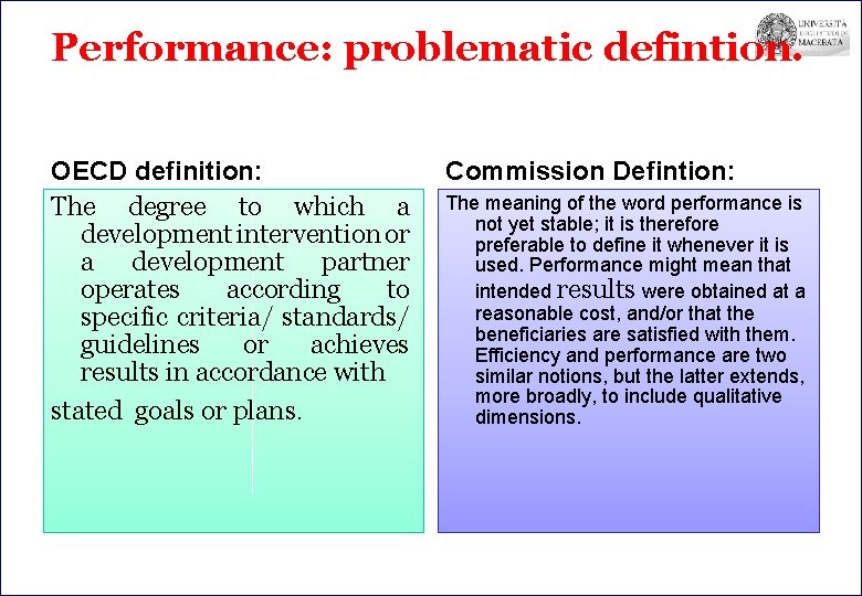 Performance: problematic defintion. OECD definition: The degree to which a development intervention or a