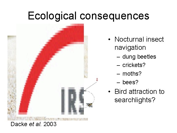 Ecological consequences • Nocturnal insect navigation – – dung beetles crickets? moths? bees? •