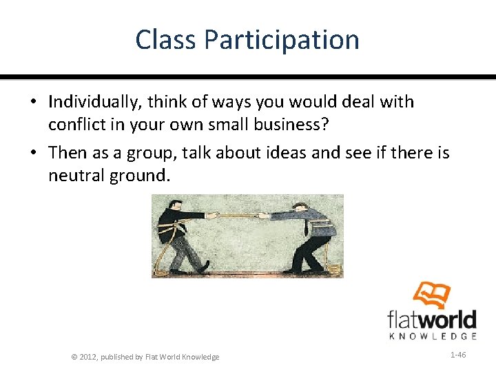 Class Participation • Individually, think of ways you would deal with conflict in your