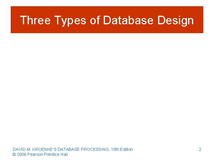Three Types of Database Design DAVID M. KROENKE’S DATABASE PROCESSING, 10 th Edition ©