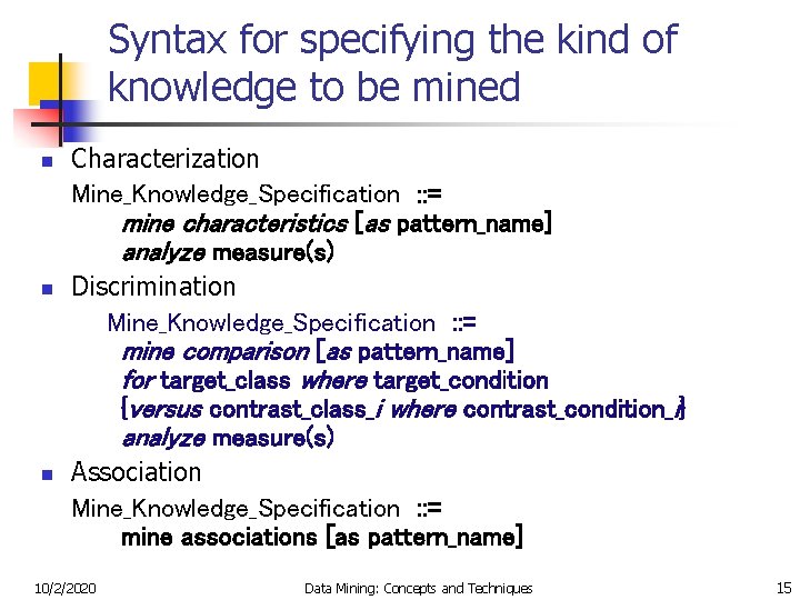Syntax for specifying the kind of knowledge to be mined n n n Characterization