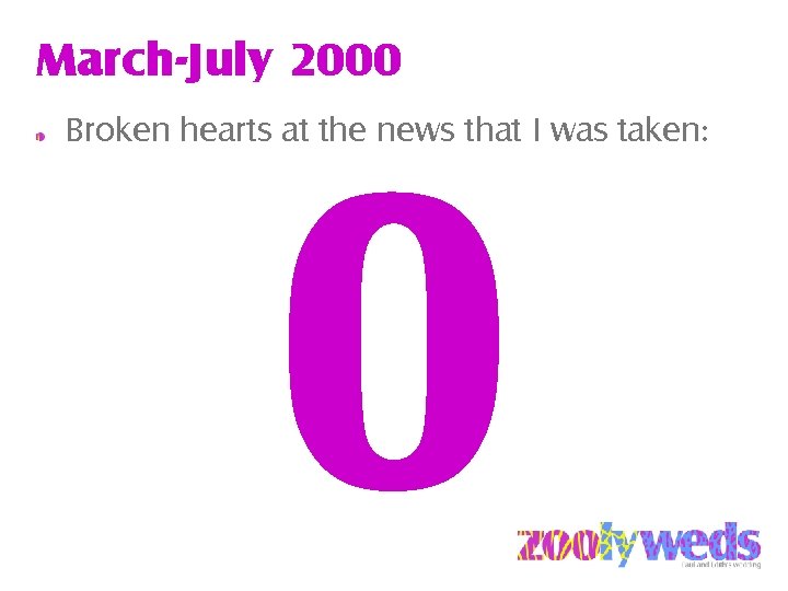 March-July 2000 Broken hearts at the news that I was taken: 0 