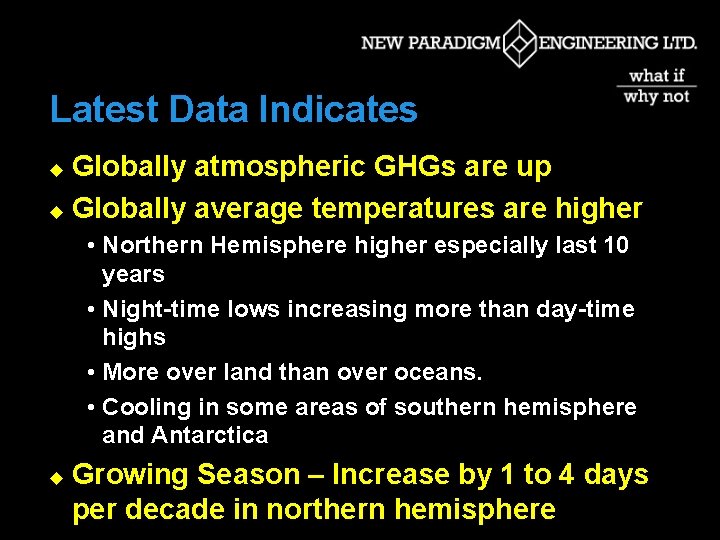 Latest Data Indicates Globally atmospheric GHGs are up u Globally average temperatures are higher