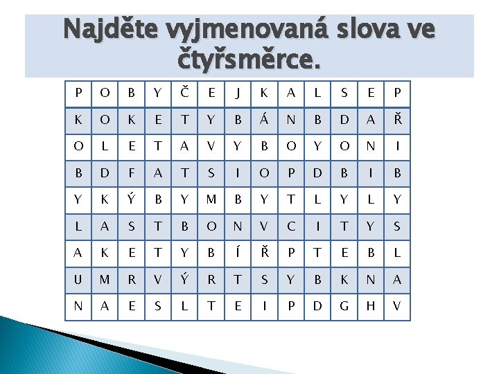 Najděte vyjmenovaná slova ve čtyřsměrce. P O B Y Č E J K A