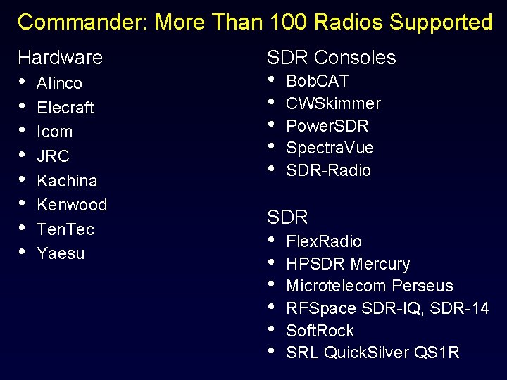Commander: More Than 100 Radios Supported Hardware • • Alinco Elecraft Icom JRC Kachina