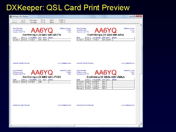 DXKeeper: QSL Card Print Preview 