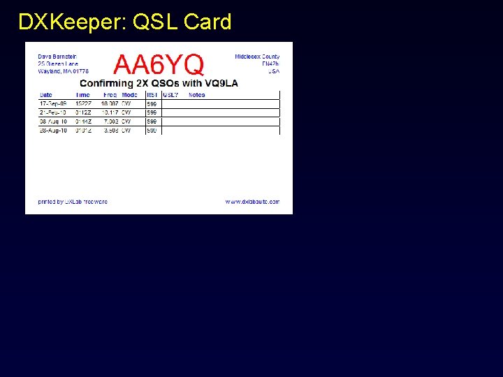 DXKeeper: QSL Card 