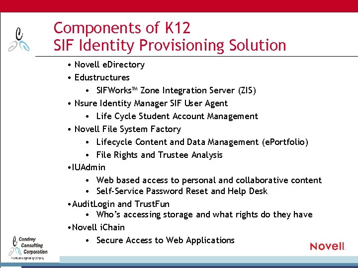 Components of K 12 SIF Identity Provisioning Solution • Novell e. Directory • Edustructures