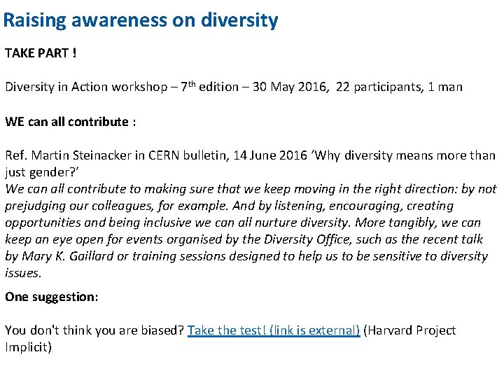 Raising awareness on diversity TAKE PART ! Diversity in Action workshop – 7 th