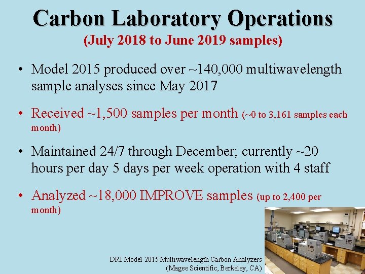 Carbon Laboratory Operations (July 2018 to June 2019 samples) • Model 2015 produced over