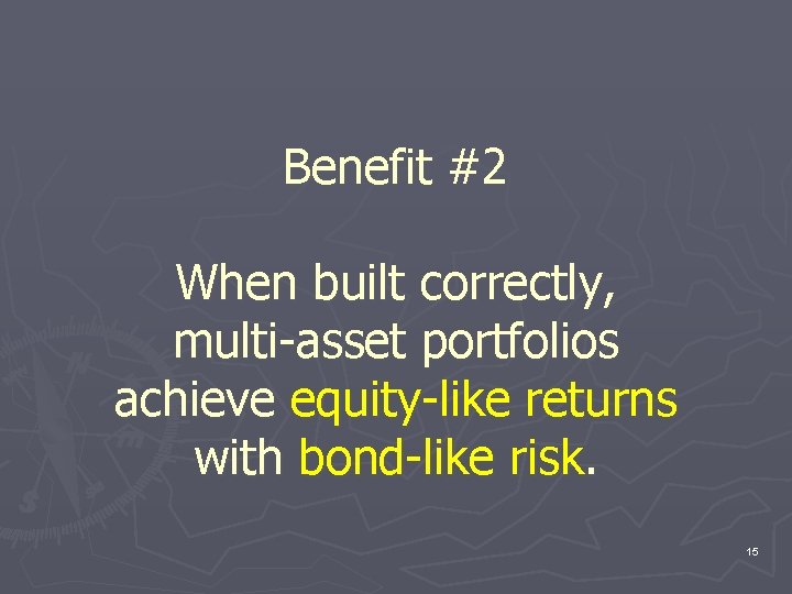 Benefit #2 When built correctly, multi-asset portfolios achieve equity-like returns with bond-like risk. 15