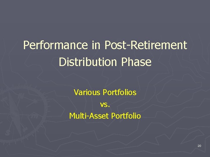 Performance in Post-Retirement Distribution Phase Various Portfolios vs. Multi-Asset Portfolio 20 